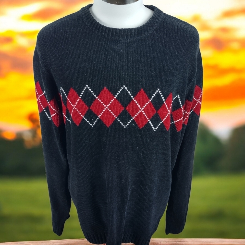 VTG Prefab Men Crew Neck Velveteen Sweater Size Lg Argyle Print Diamond